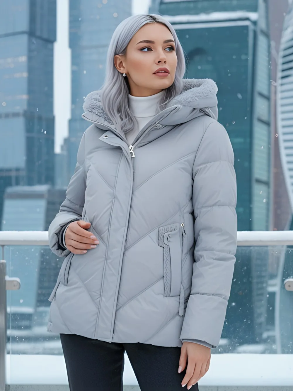 Куртка зимняя женская из овчина стильная и модная серого цвета 7348Sr